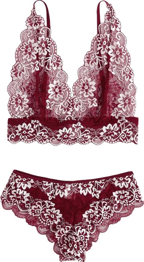Gorglitter Women S Sexy Lace Lingerie Set See Through V Neck Bra And Panty Piece Sets Burgundy