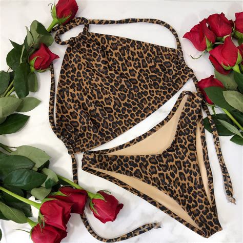 Women S Leopard Halter Bikini High Leg Bathing Suit Etsy High Hip