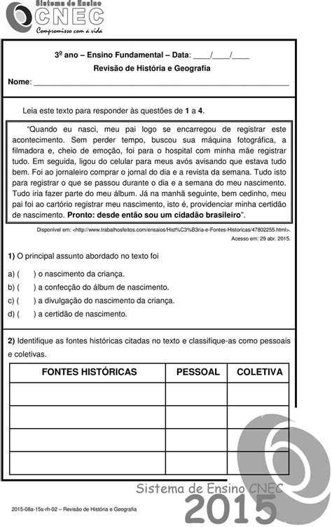 Prova De História 6 Ano Fontes Históricas Com Gabarito