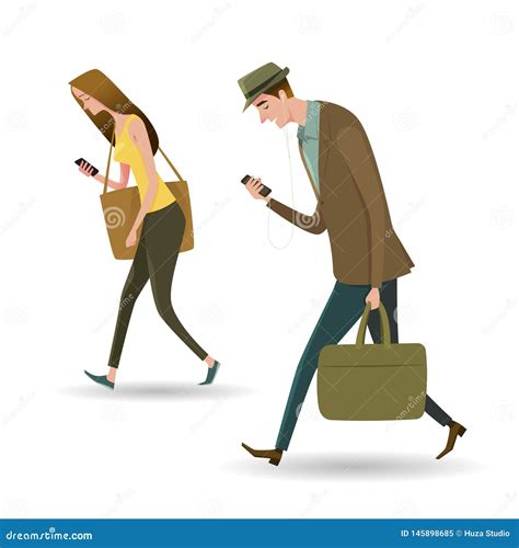 Full Length Portrait Of People Walking And Texting Or Talking On The