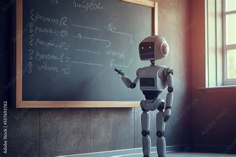 Humanoid Education Robot Teacher In Front Of A School Classroom