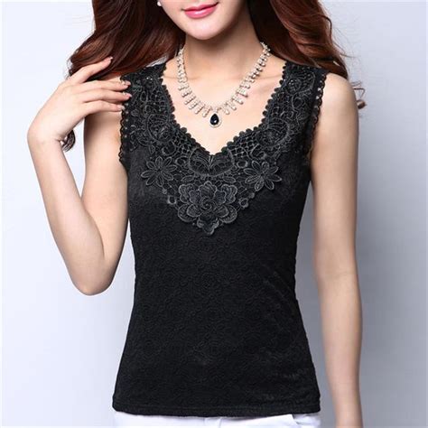 Womens Plus Size Sexy Sleeveless Lace Floral V Neck Elegant Blouse