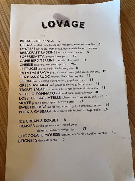 Menu at LOVAGE pub & bar, Stratford