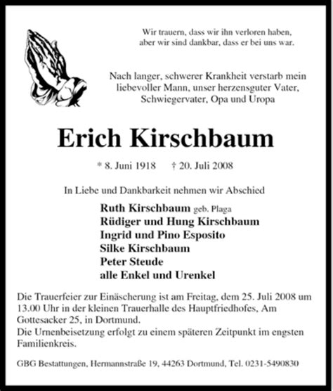 Traueranzeigen Von Erich Kirschbaum Trauer In NRW De