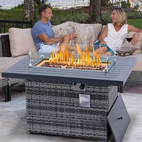 Propane Fire Pit Grey Rattan Outdoor Fireplace 44 Rectangle Fire Pit