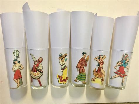 Vtg Peek A Boo Pin Up Nude International Dancing Girl Tumbler Glasses Set Of