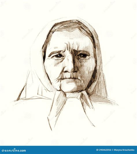 Pencil Drawing Old Grandmother In A Headscarf Stock Illustration