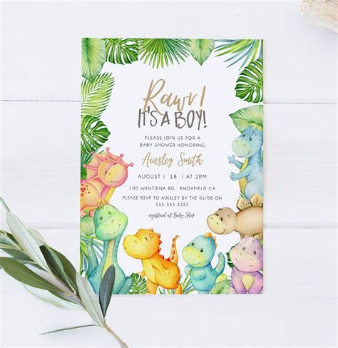 It S A Boy Dinosaur Baby Shower Invitation Editable Template Dino Baby