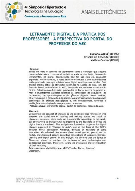 Pdf Letramento Digital E A Pr Tica Dos Professores A Letramento