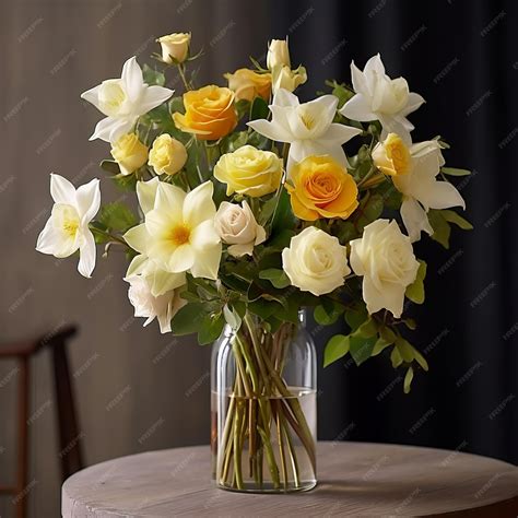 Premium Photo Floral Bouquet Yellow And White Roses In Glass Vase