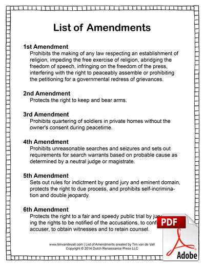 List Of Us Amendments Tims Printables