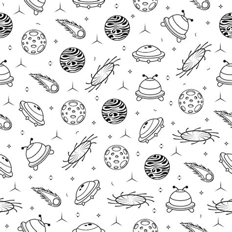 Premium Vector Abstract Seamless Pattern Doodle Collection Aliens Ufo