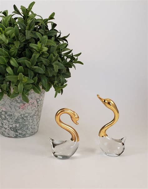 Vintage Hand Blown Clear Art Glass And Brass Swan Sculptures Figurines