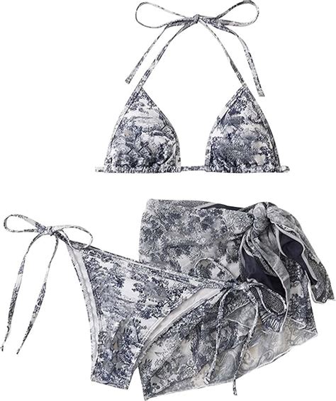 Damen Bikini Set Teiliger Bikini Sets mit Blumenmuster Süß Neckholder Badeanzug mit Cover Up
