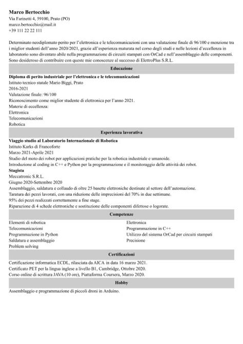 Curriculum Da Neodiplomato Esempio Di CV Per Ex Studenti