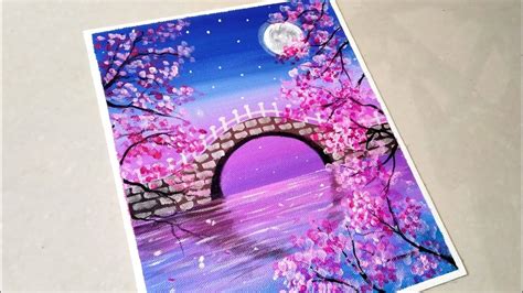 Beautiful Moonlight Cherry Blossom Bridge Scenery Painting for ...