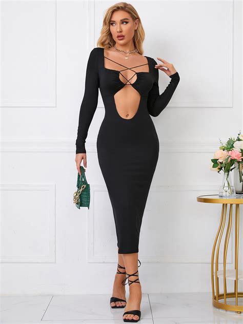 Parthea Cutout Front Lace Up Bodycon Dress Shein Usa