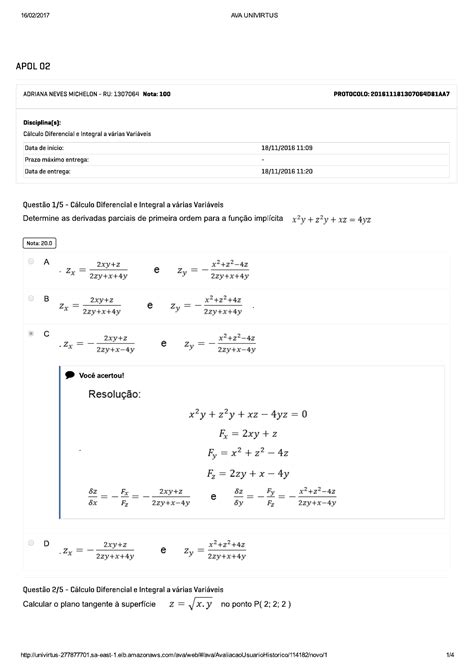 Calculo Diferencial E Integral A Varias Variaveis Apol 2 Calculo