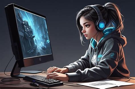 Premium Photo | Gaming girl focusing on her computer screen as she ...