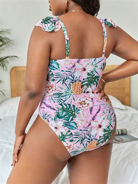 Shein Swim Vcay Plus Tropical Print Ruffle Trim One Piece Swimsuit