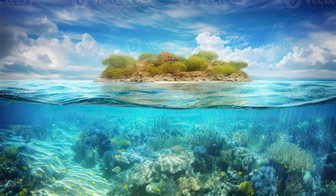 Tropical Island And Coral Reef - Split View With Waterline. Beautiful