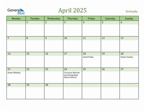 April 2025 - Grenada Monthly Calendar with Holidays