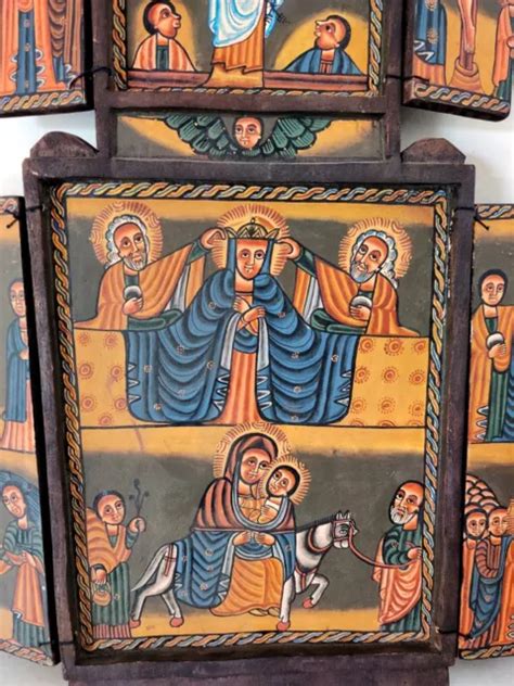 OLD ETHIOPIAN WOODEN Icon Painted Ethiopia African Art Cross Orthodox