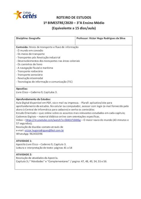 Pdf Roteiro De Estudos Bimestre A Ensino M Dio Aula