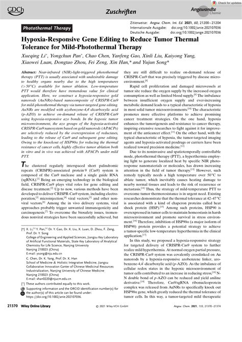 Pdf Hypoxiaresponsive Gene Editing To Reduce Tumor Thermal Tolerance