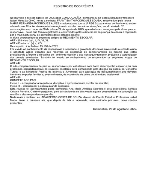 Exemplo De Ocorrência Escolar - Registro de Ocorrência Escolar 2025 | PDF