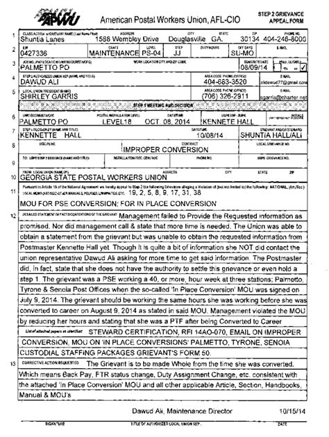 Fillable Online Step Grievance Outline Worksheet Apwu Local Fax