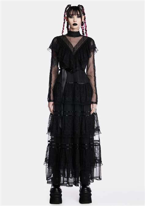 widow sheer lace trim tiered maxi dress black goth dress long