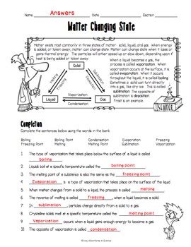 Matter Changing States Worksheet by Adventures in Science | TpT