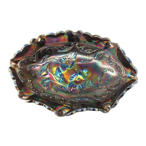 1970s Vintage Fenton Candy Dish Oval Iridescent Carnival Glass Blue Purple Ruffled Bowl Chairish