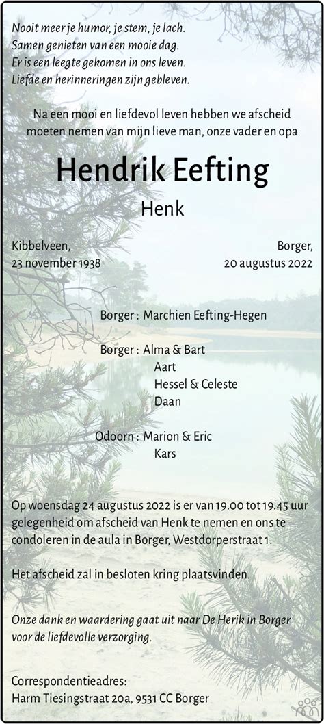 Hendrik Henk Eefting 20 08 2022 Overlijdensbericht En Condoleances