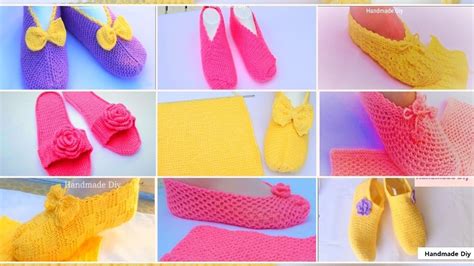 Diferentes Pantuflas Tejidas Con Agujas Para Tejer Y Con Gancho De