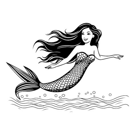 Premium Vector Beautiful Mermaid With Long Hair Black And White Vector Illustration