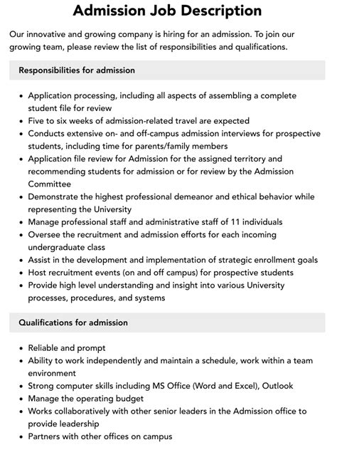 Admission Job Description Velvet Jobs