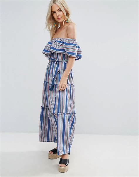 Lyst Asos Off Shoulder Maxi Dress In Bright Stripe In Blue