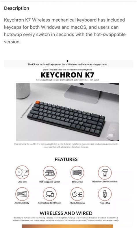 Keychron K7 Ultra Slim RGB Wireless Low Profile Hot Swappable Mechanical Keyboard Blue Switches