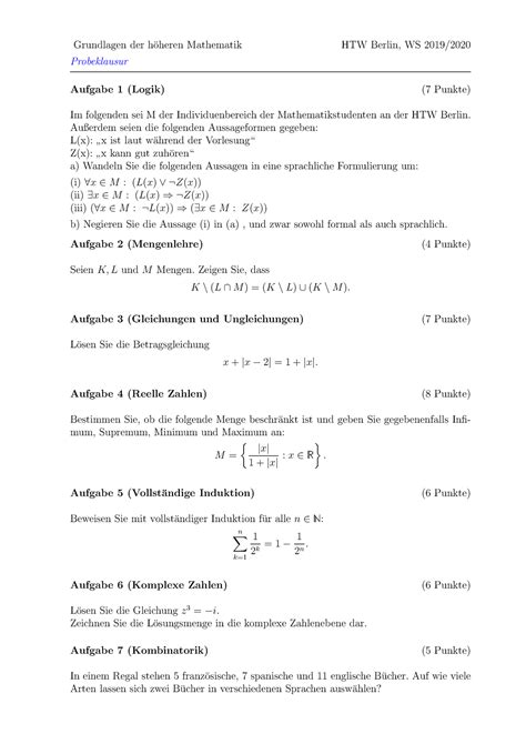 Probeklausur GHM WS2019 20 Grundlagen Der H Oheren Mathematik HTW