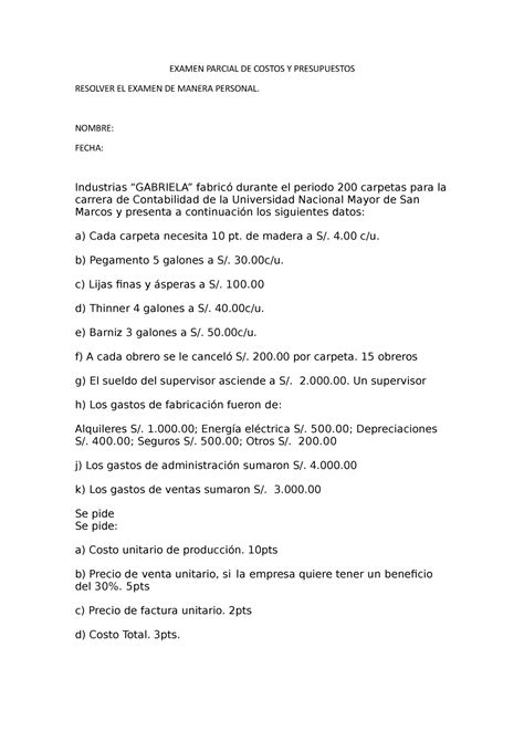 Examen Parcial De Costos Y Presupuestos Examen Parcial De Costos Y