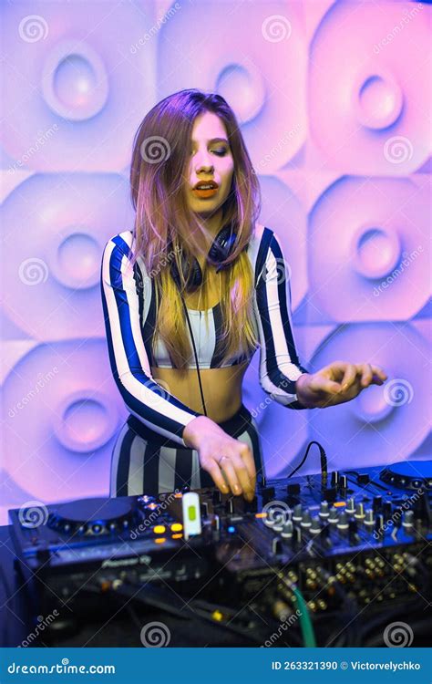 Beautiful Positive Girl DJ Blonde Energetic Plays And Listens To Music