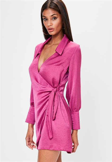 Missguided Pink Satin Tie Side Collared Shift Dress Women Dress Sale Dresses Midi Ruffle Dress