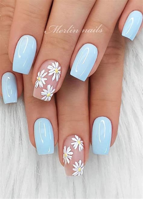 32 Hottest Cute Summer Nail Designs Baby Blue Mixed Daisy On