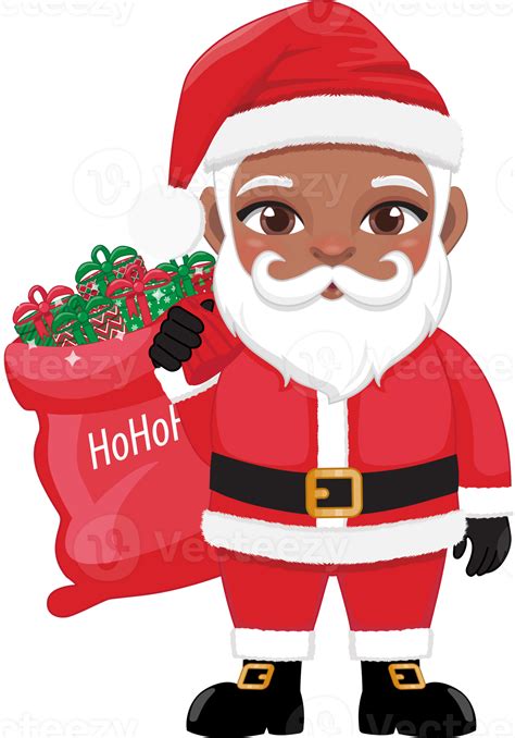 American African Santa Claus Holding Bag With Presents And Smiling