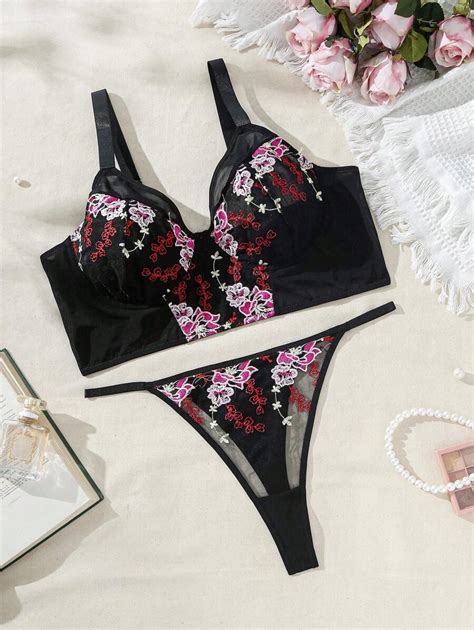 Shein Plus Size Embroidered Mesh Bra And Lingerie Lace Thong Set Shein Usa