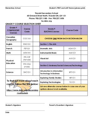 Fillable Online Grade Course Selection Sheet Thorold Secondary