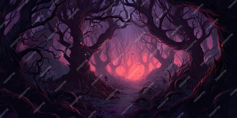 Premium AI Image | A dark forest with pink and purple lights