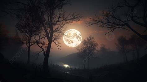 Full Moon Shining Over The Trees In A Forest Background Nightfall